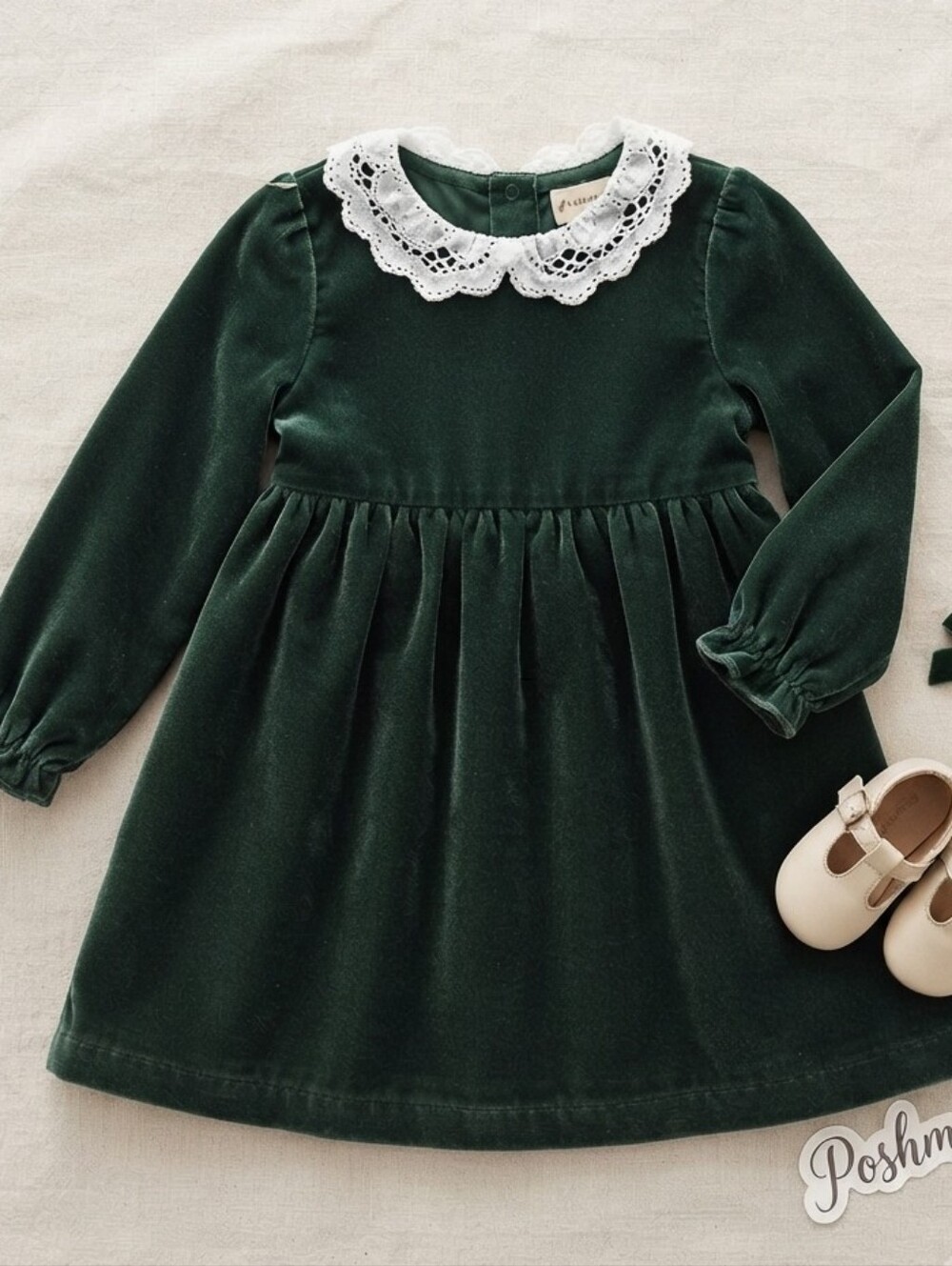 Nordstrom Baby Green Velvet Dress White Lace Collar Holiday Size 18 Months